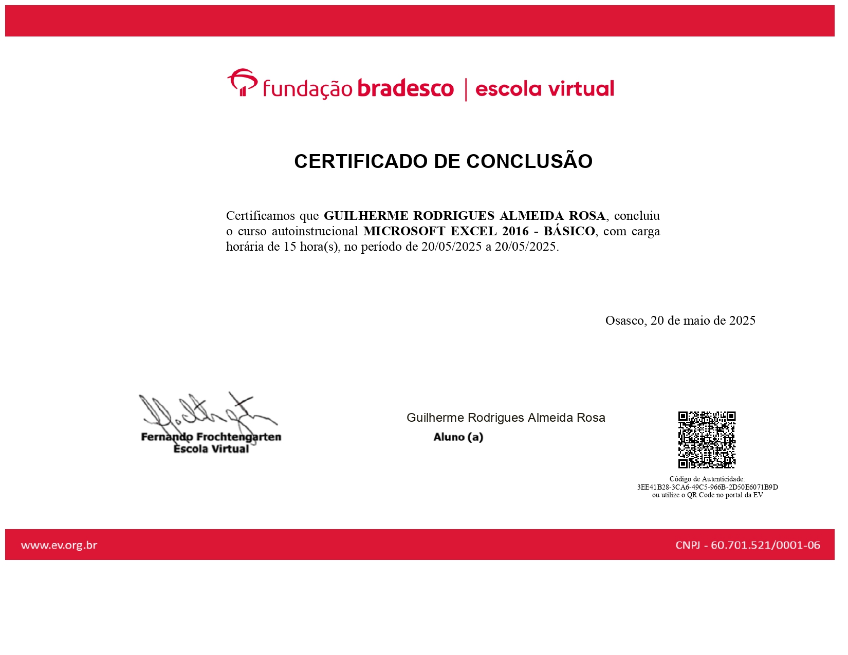 Certificado Excel Básico da Fundação Bradesco